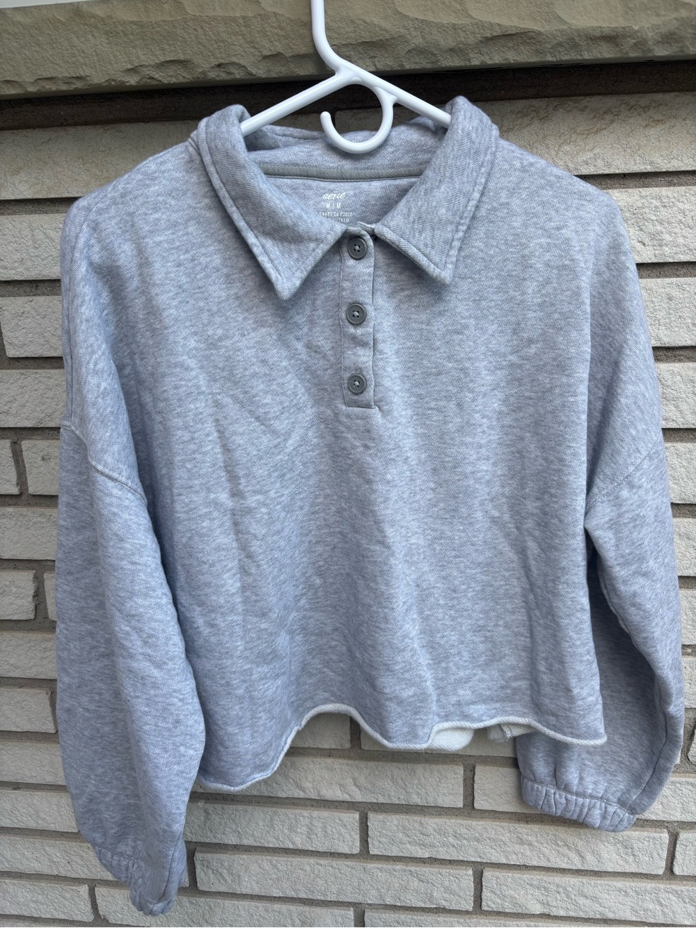 Aerie Fleece of Mind Cropped Polo Henley Collared Fleece Sweatshirt Grey Size M